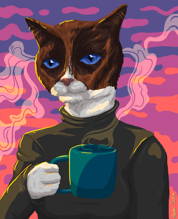 Cat holding a mug starting into the morning glow drawing