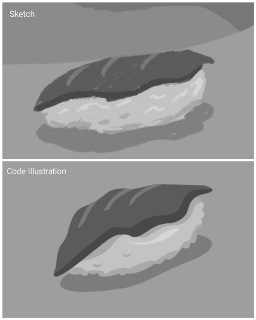 Nigiri Sketch contrasted with code illustation