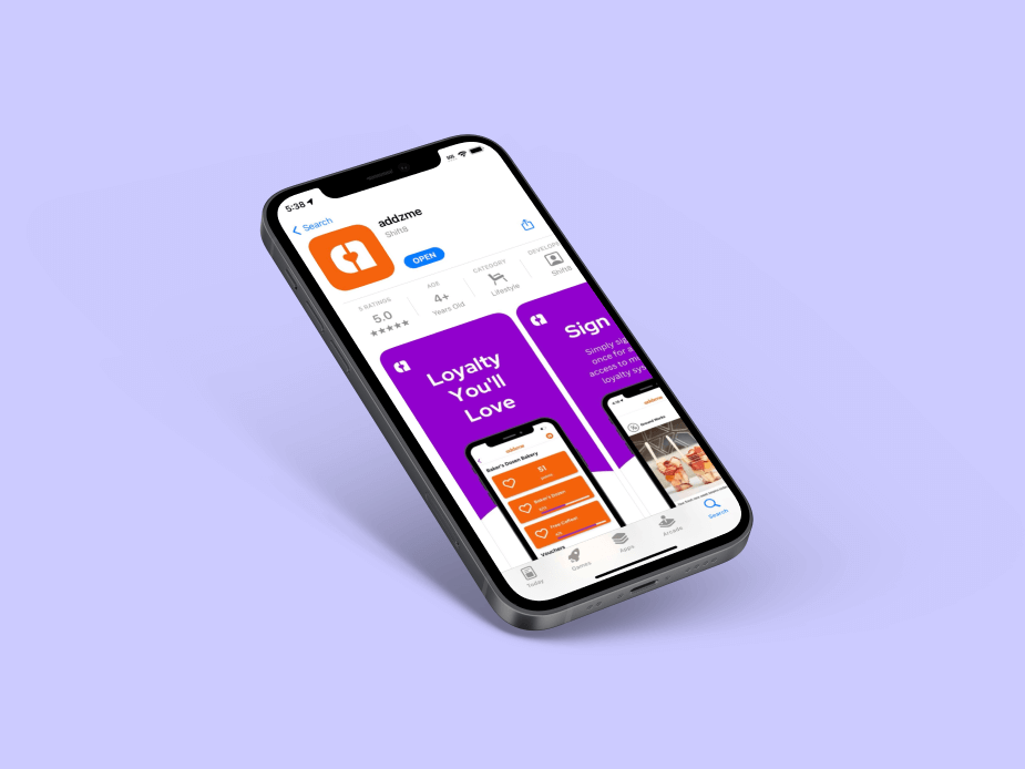 iPhone displaying the addzme loyalty app in the iOS App Store