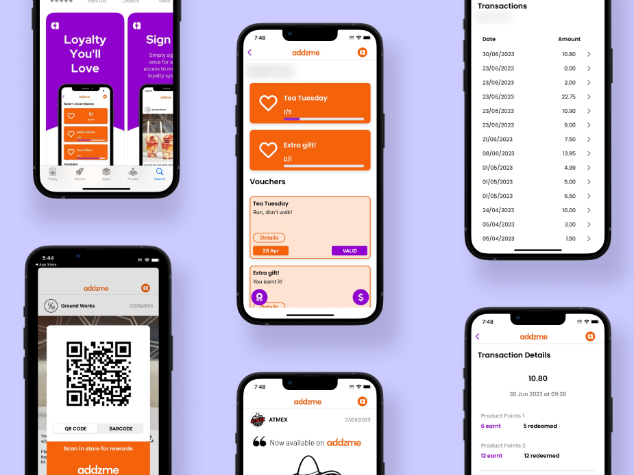 Multiple iPhones displaying different screens in the addzme loyalty app