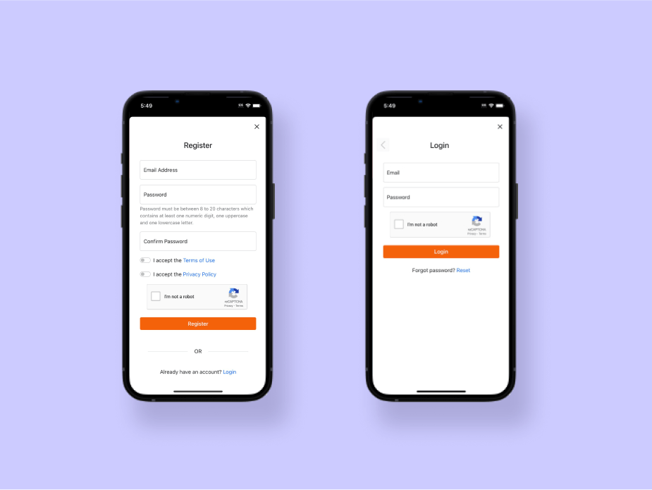 Image of two iPhones showing the login and registration web view in the addzme loyalty app