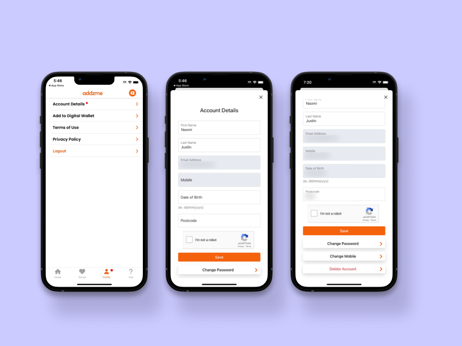 addzme loyalty app showing webview and native iOS Account Details with red prompter